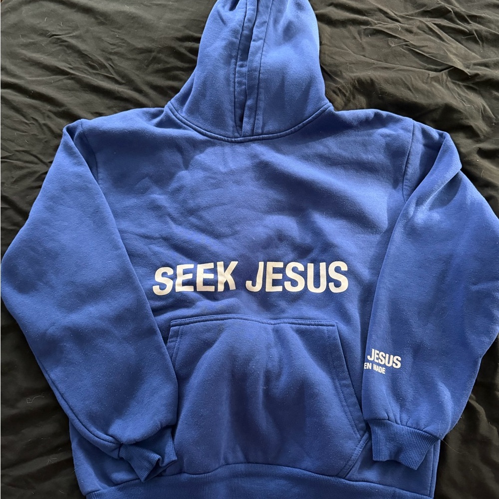 Blue "Seek Jesus" Graphic Hoodie